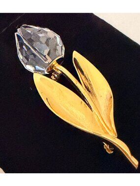 Vintage Swarovski Crystal Flower Brooch Gold Tone Tulip Bud Faceted Clear